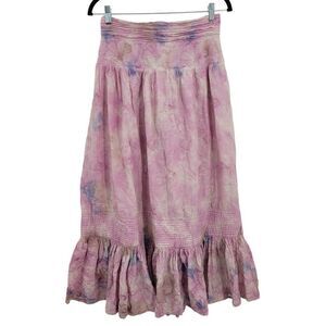 Anthropologie Maxi Skirt S Pink Cotton Tie-Dyed Tiered Embroidered Boho Hippy